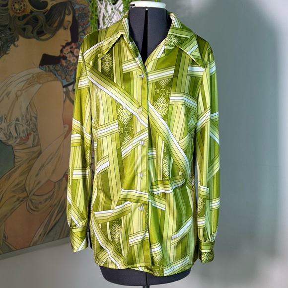 Vintage 70s Disco Psychedelic Dagger Collar Button Down Long Sleeve Blouse - Picture 1 of 6